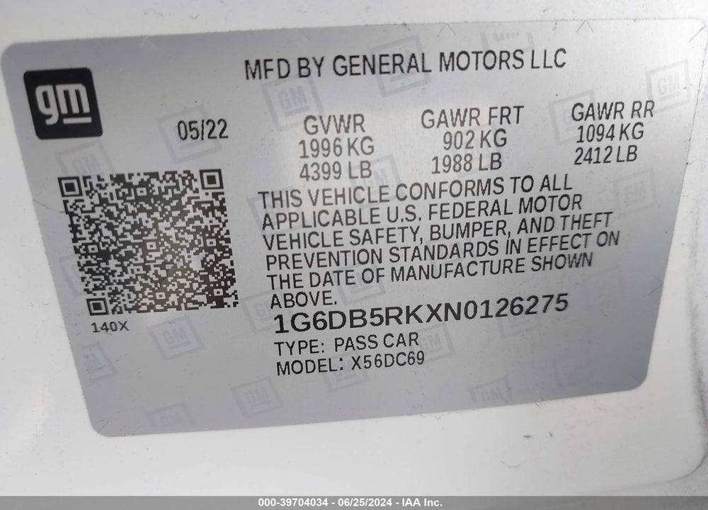 2022 CADILLAC CT4 VIN: 1G6DB5RKXN0126275