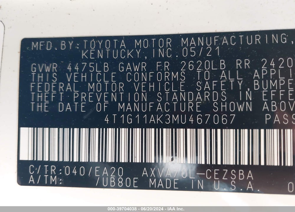 2021 TOYOTA CAMRY SE VIN: 4T1G11AK3MU467067