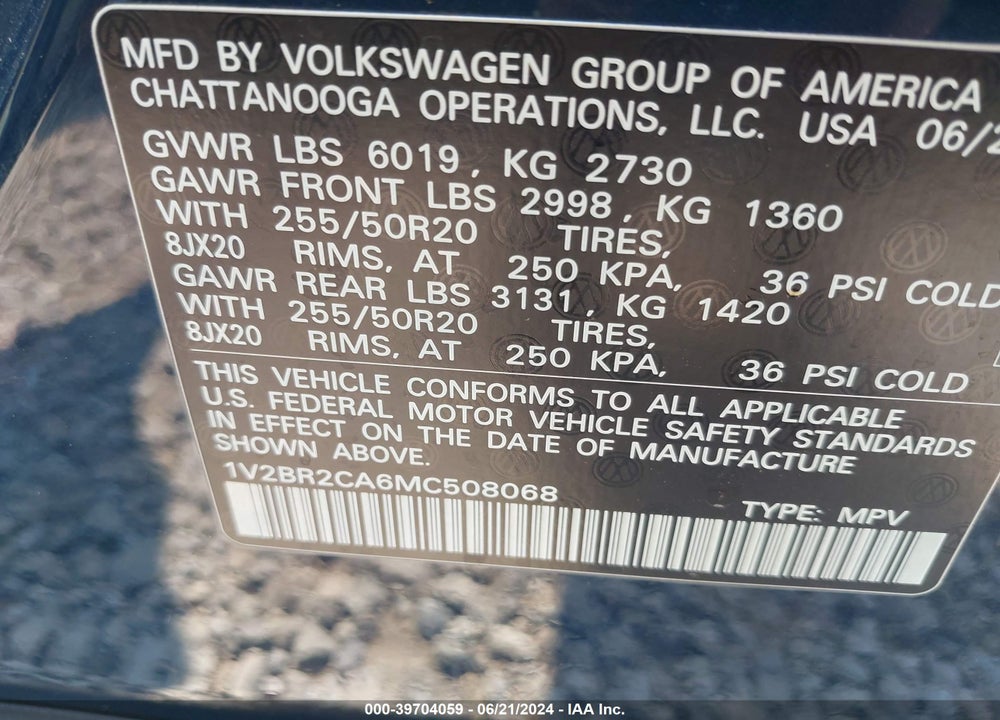 2021 VOLKSWAGEN ATLAS 3.6L V6 SEL VIN: 1V2BR2CA6MC508068