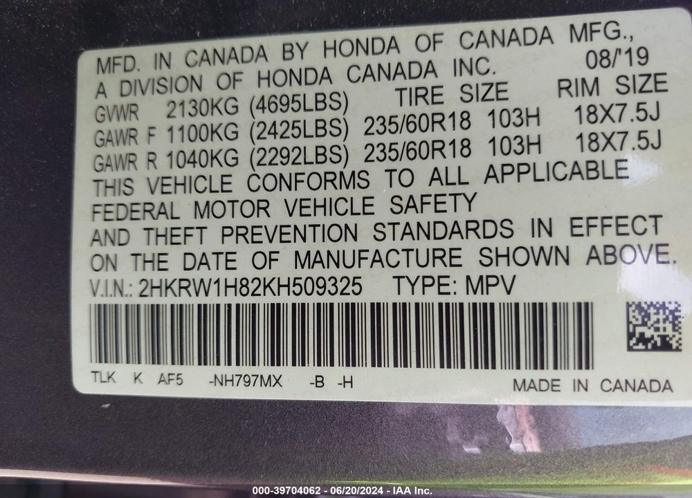 2019 HONDA CR-V EX-L VIN: 2HKRW1H82KH509325