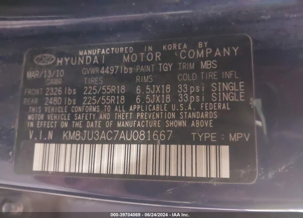 2010 HYUNDAI TUCSON VIN: KM8JU3AC7AU081667