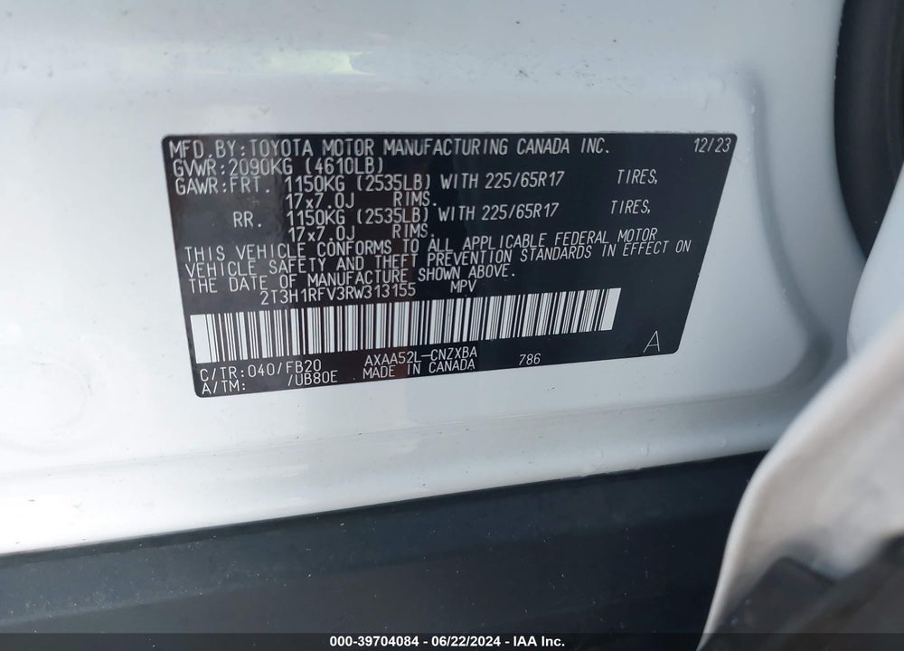 2024 TOYOTA RAV4 LE VIN: 2T3H1RFV3RW313155