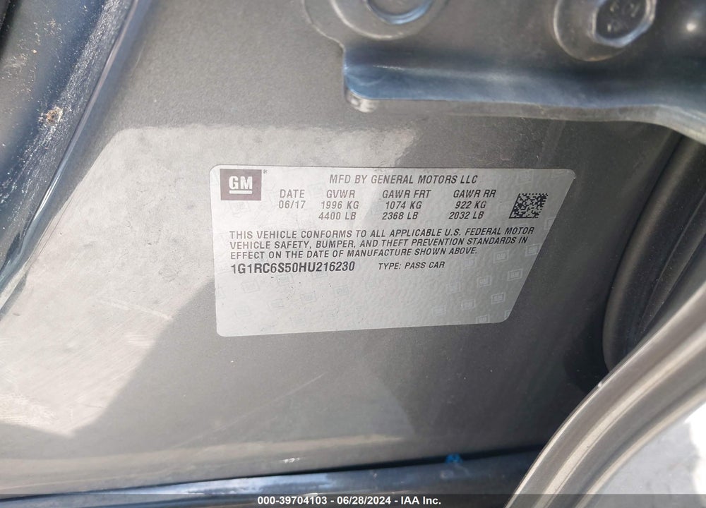 2017 CHEVROLET VOLT LT VIN: 1G1RC6S50HU216230