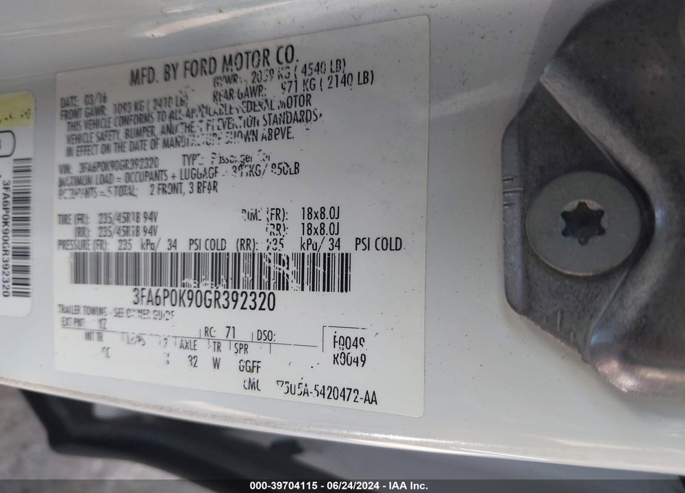 2016 FORD FUSION TITANIUM VIN: 3FA6P0K90GR392320