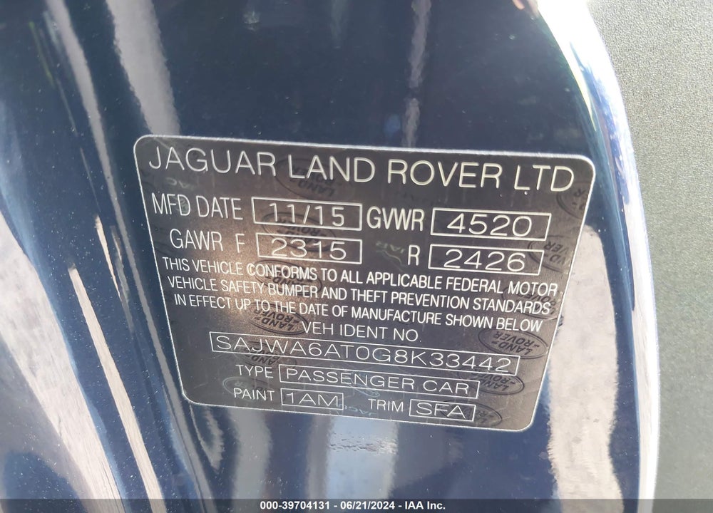 2016 JAGUAR F-TYPE VIN: SAJWA6AT0G8K33442