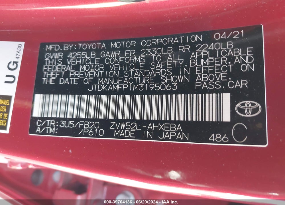 2021 TOYOTA PRIUS PRIME LE VIN: JTDKAMFP1M3195063
