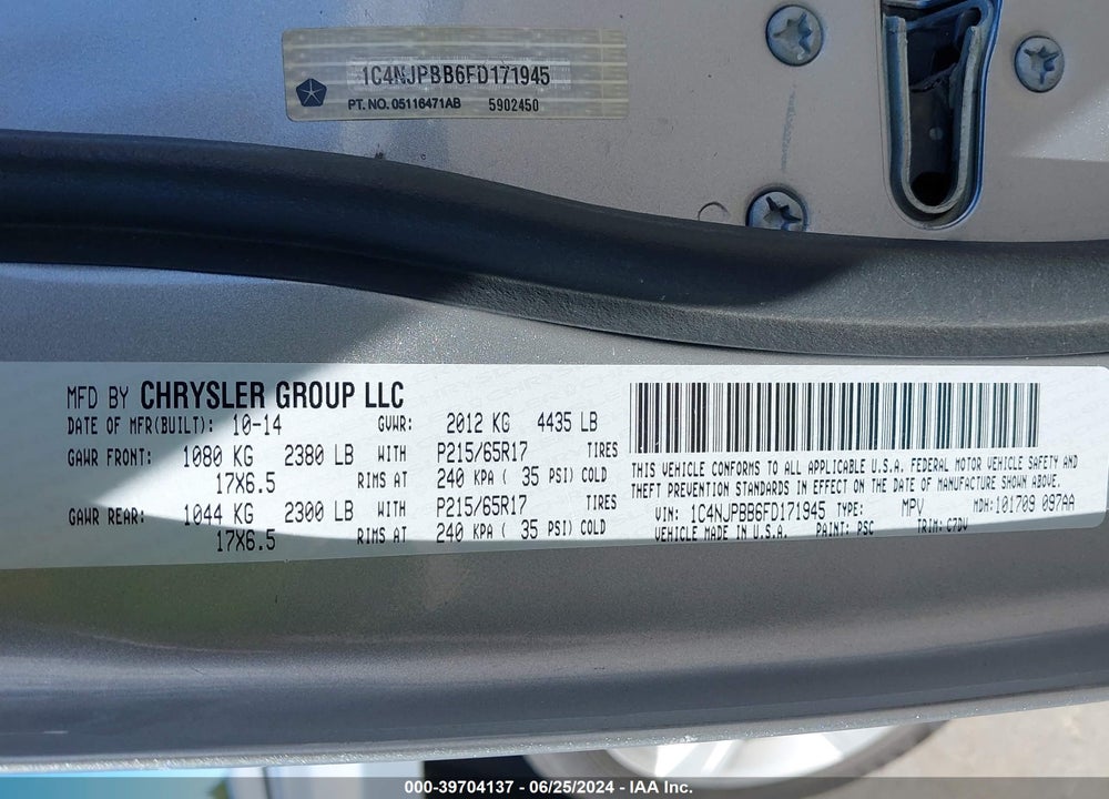 2015 JEEP PATRIOT SPORT VIN: 1C4NJPBB6FD171945