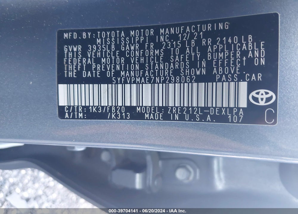2022 TOYOTA COROLLA LE VIN: 5YFVPMAE7NP298062