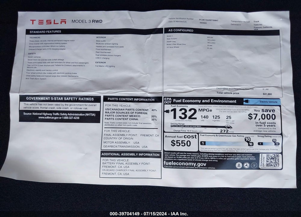 2024 TESLA MODEL 3 REAR-WHEEL DRIVE VIN: 5YJ3E1EA0RF750647