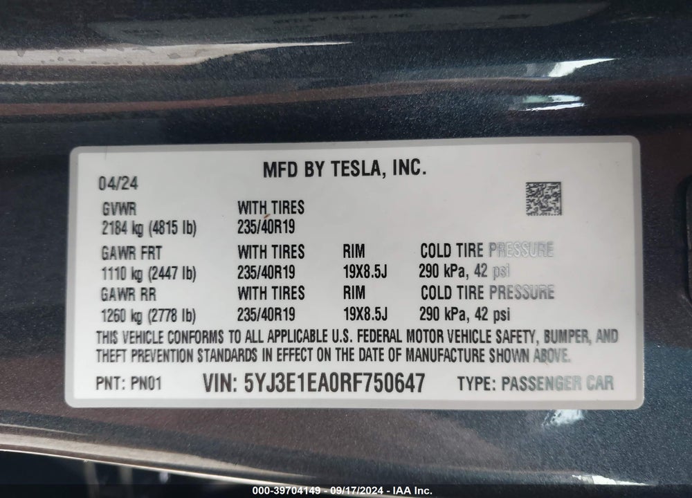 2024 TESLA MODEL 3 REAR-WHEEL DRIVE VIN: 5YJ3E1EA0RF750647