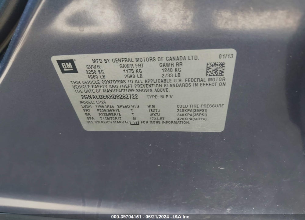 2013 CHEVROLET EQUINOX 1LT VIN: 2GNALDEK6D6262722