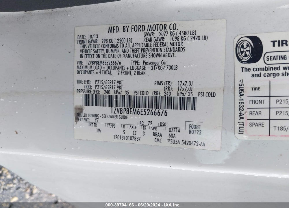 2014 FORD MUSTANG V6 VIN: 1ZVBP8EM6E5266676