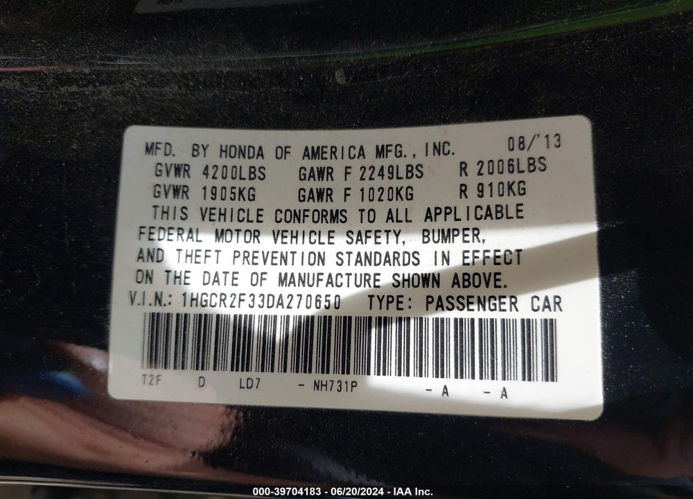 2013 HONDA ACCORD LX VIN: 1HGCR2F33DA270650