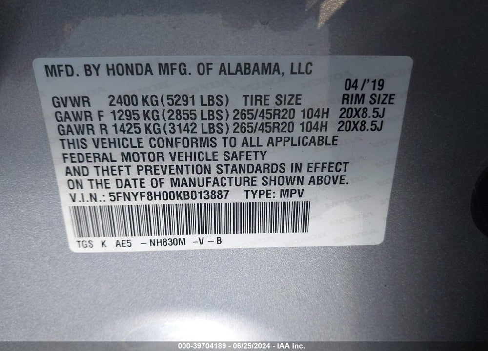 2019 HONDA PASSPORT ELITE VIN: 5FNYF8H00KB013887