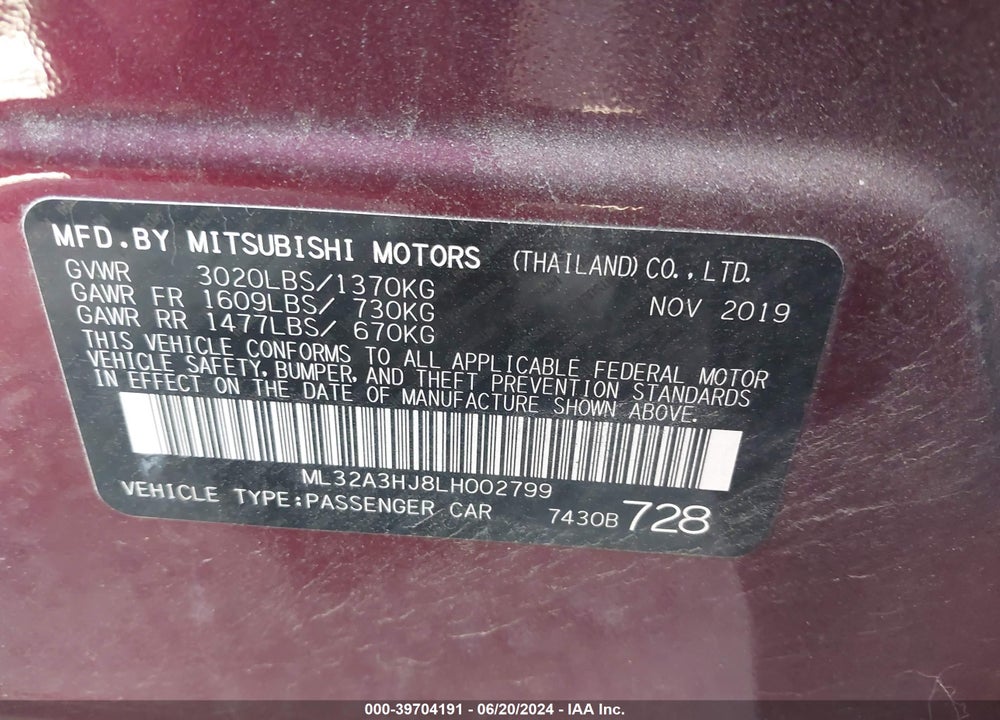 2020 MITSUBISHI MIRAGE SE VIN: ML32A3HJ8LH002799
