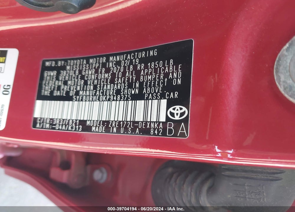 2019 TOYOTA COROLLA LE VIN: 5YFBURHE0KP948375
