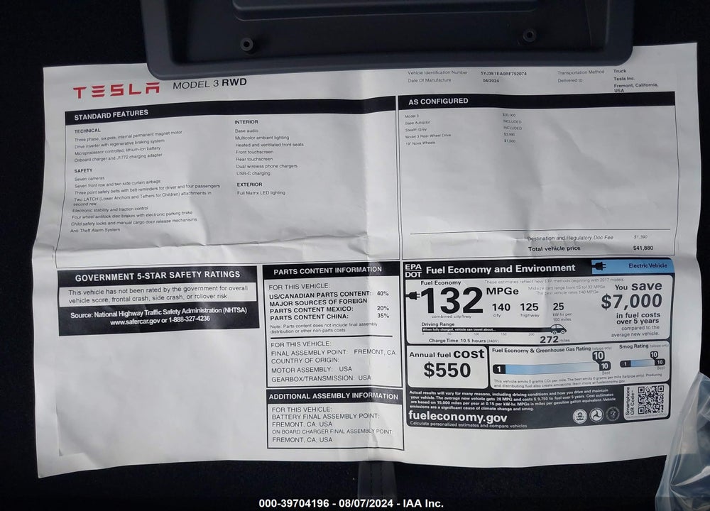2024 TESLA MODEL 3 REAR-WHEEL DRIVE VIN: 5YJ3E1EA0RF752074