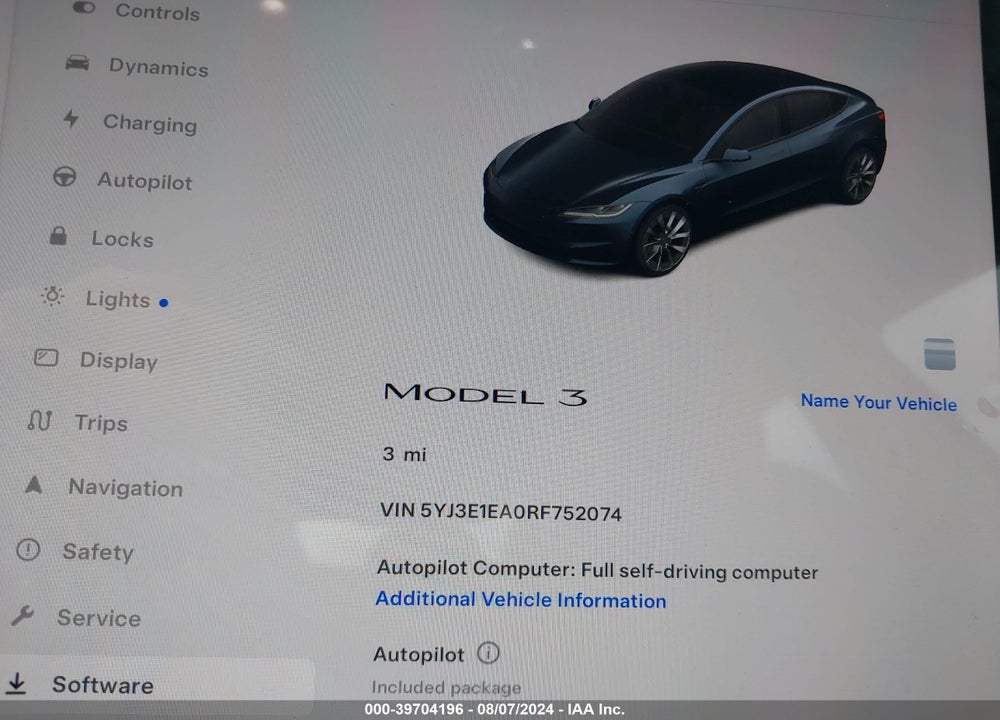 2024 TESLA MODEL 3 REAR-WHEEL DRIVE VIN: 5YJ3E1EA0RF752074