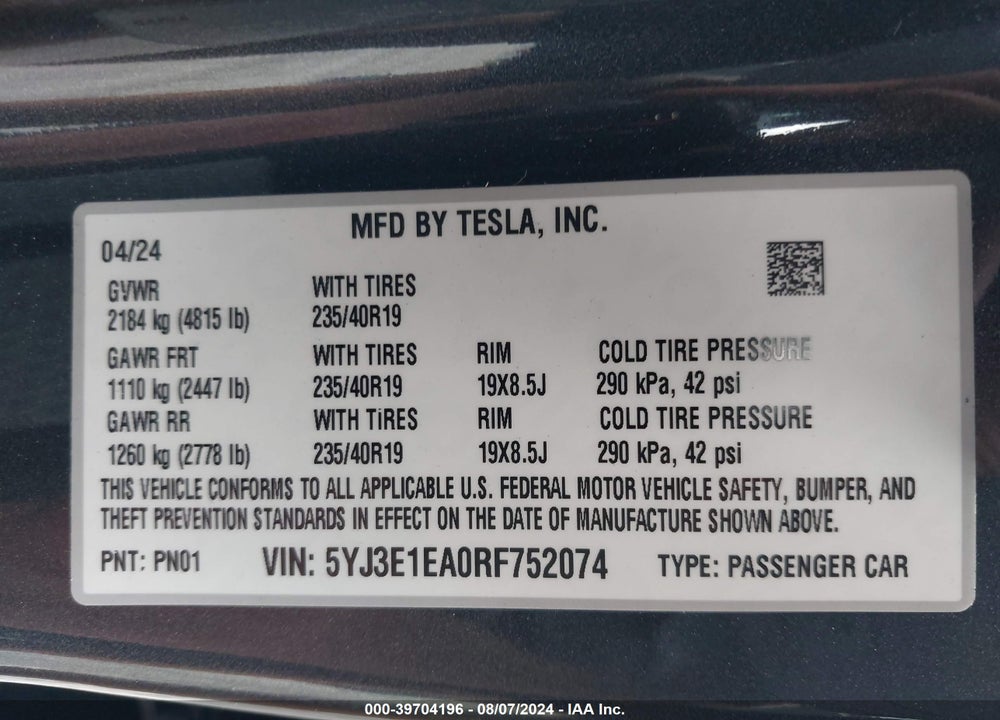 2024 TESLA MODEL 3 REAR-WHEEL DRIVE VIN: 5YJ3E1EA0RF752074