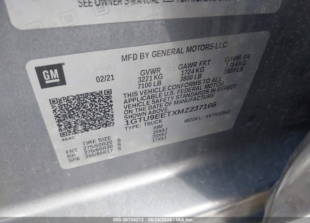 2021 GMC SIERRA 1500 4WD SHORT BOX AT4 VIN: 1GTU9EETXMZ237166