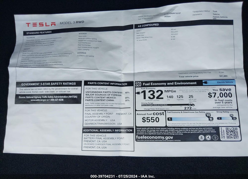 2024 TESLA MODEL 3 REAR-WHEEL DRIVE VIN: 5YJ3E1EA0RF752107
