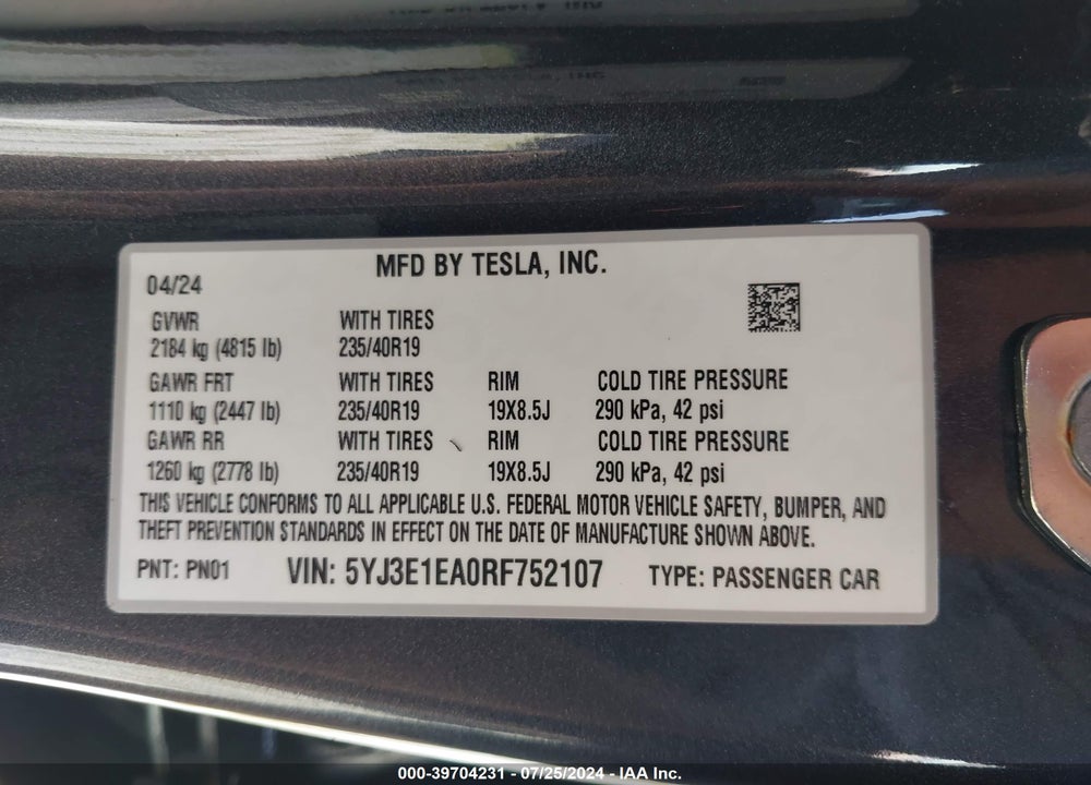 2024 TESLA MODEL 3 REAR-WHEEL DRIVE VIN: 5YJ3E1EA0RF752107