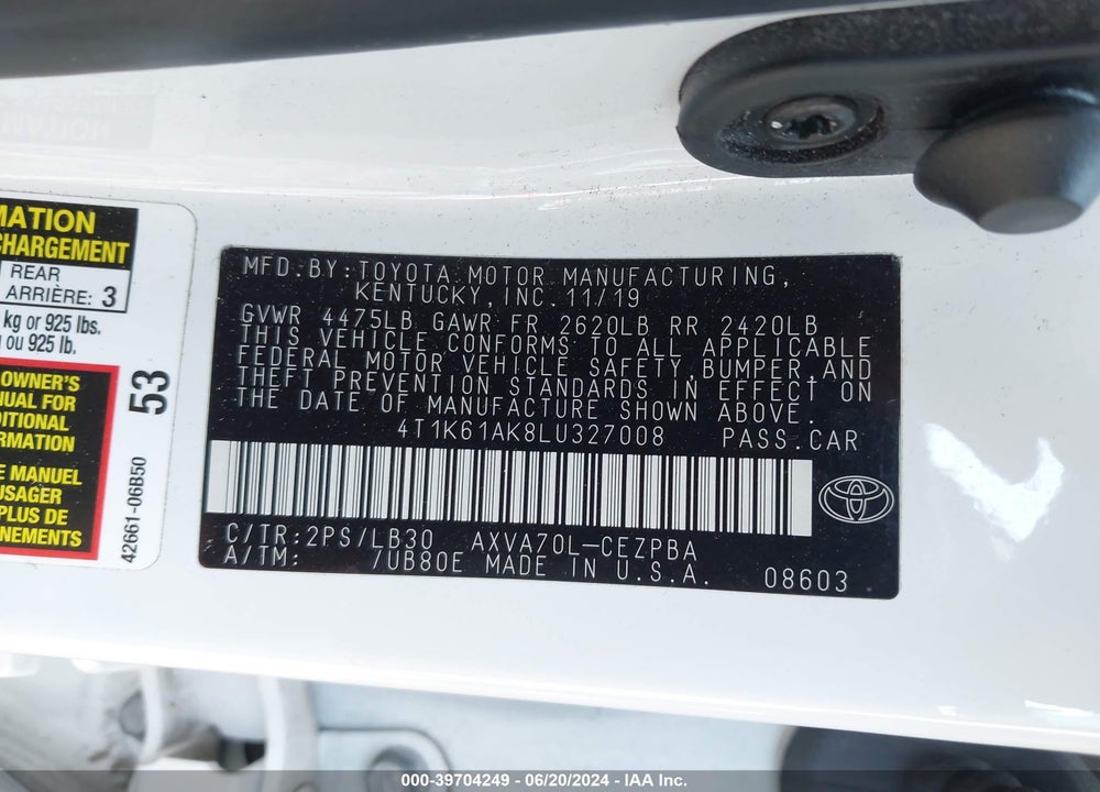 2020 TOYOTA CAMRY XSE VIN: 4T1K61AK8LU327008