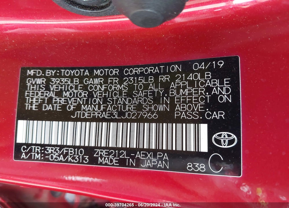 2020 TOYOTA COROLLA LE VIN: JTDEPRAE3LJ027966