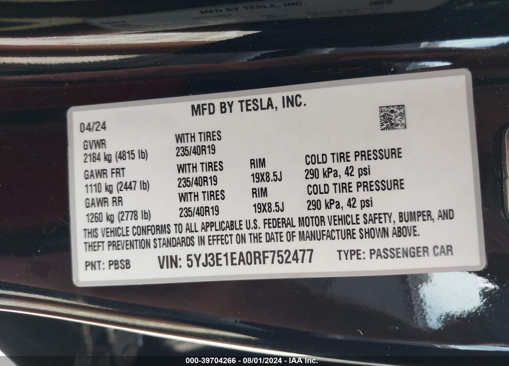 2024 TESLA MODEL 3 REAR-WHEEL DRIVE VIN: 5YJ3E1EA0RF752477