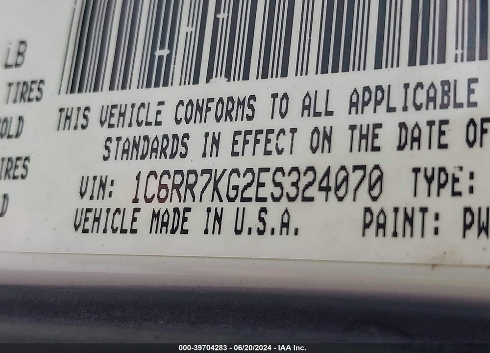 2014 RAM 1500 TRADESMAN VIN: 1C6RR7KG2ES324070