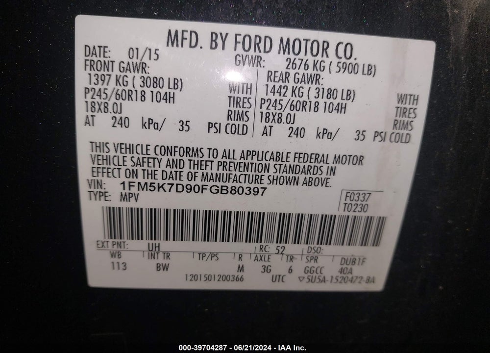 2015 FORD EXPLORER XLT VIN: 1FM5K7D90FGB80397