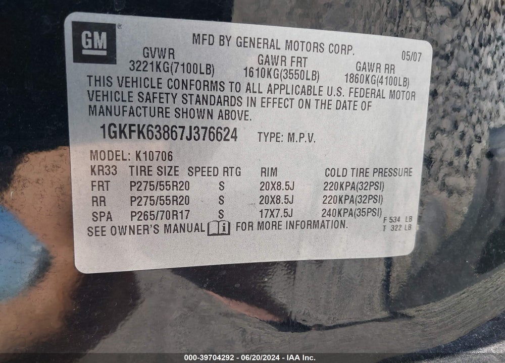 2007 GMC YUKON DENALI VIN: 1GKFK63867J376624