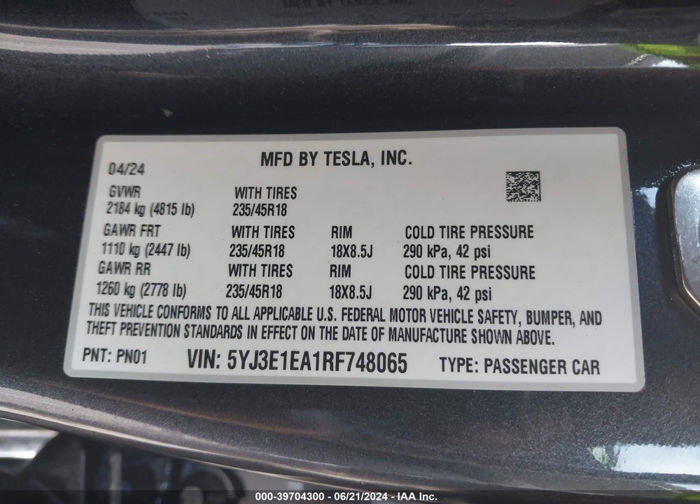 2024 TESLA MODEL 3 REAR-WHEEL DRIVE VIN: 5YJ3E1EA1RF748065