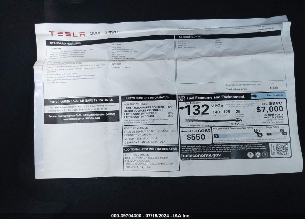 2024 TESLA MODEL 3 REAR-WHEEL DRIVE VIN: 5YJ3E1EA1RF748065
