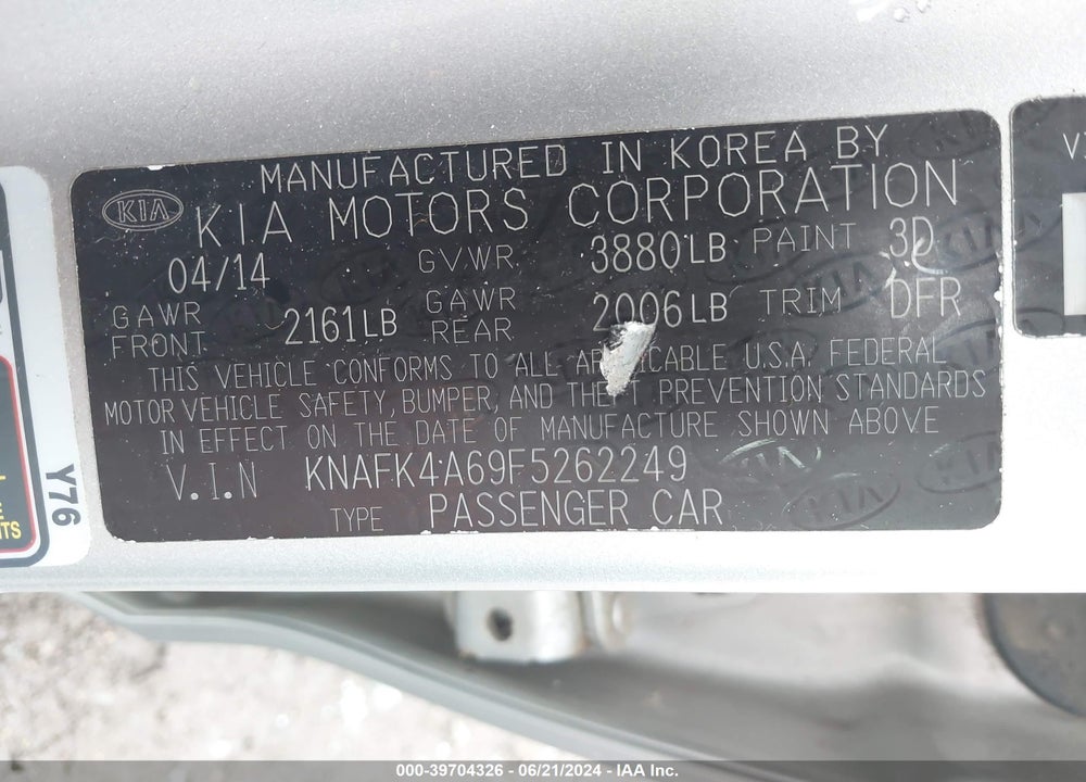 2015 KIA FORTE LX VIN: KNAFK4A69F5262249