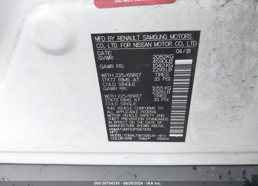 2018 NISSAN ROGUE SV VIN: KNMAT2MT9JP587433
