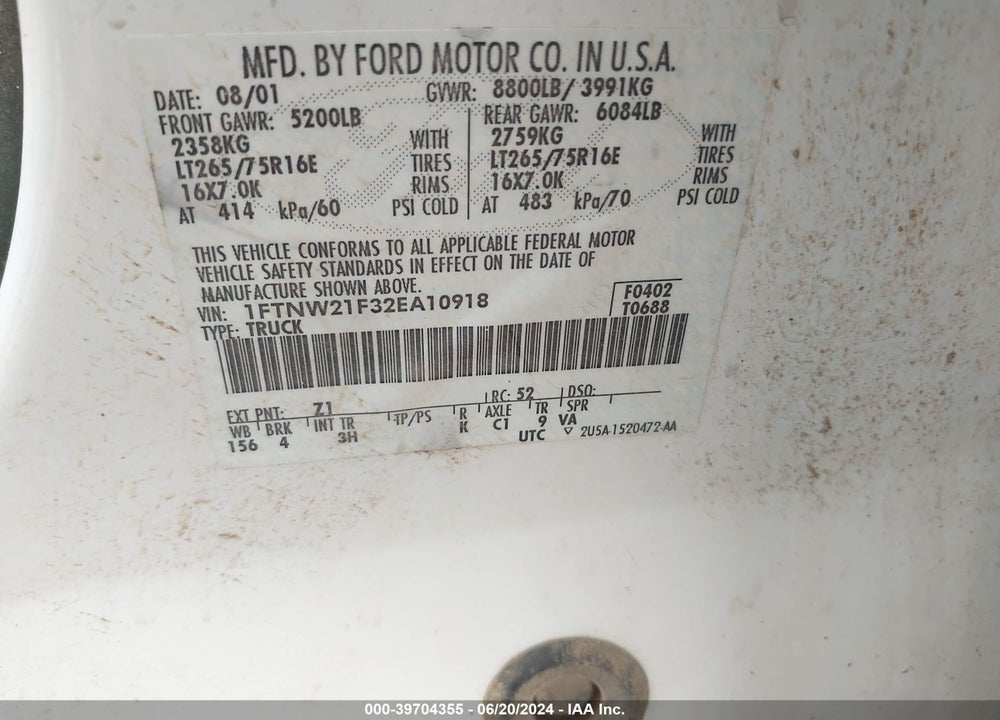 2002 FORD F-250 LARIAT/XL/XLT VIN: 1FTNW21F32EA10918
