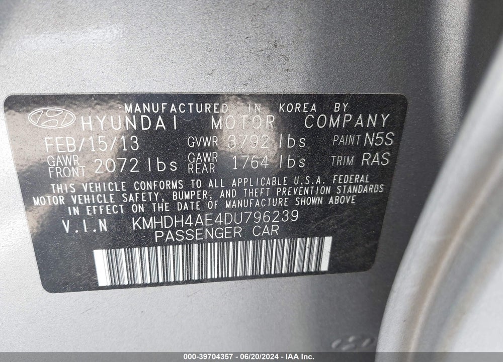 2013 HYUNDAI ELANTRA LIMITED VIN: KMHDH4AE4DU796239