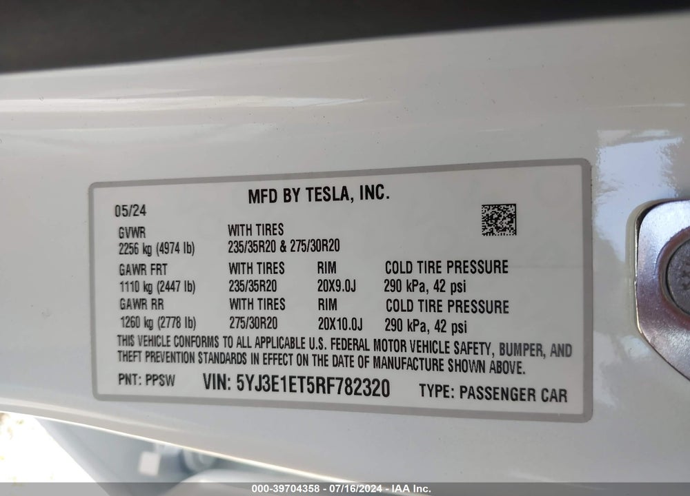 2024 TESLA MODEL 3 VIN: 5YJ3E1ET5RF782320