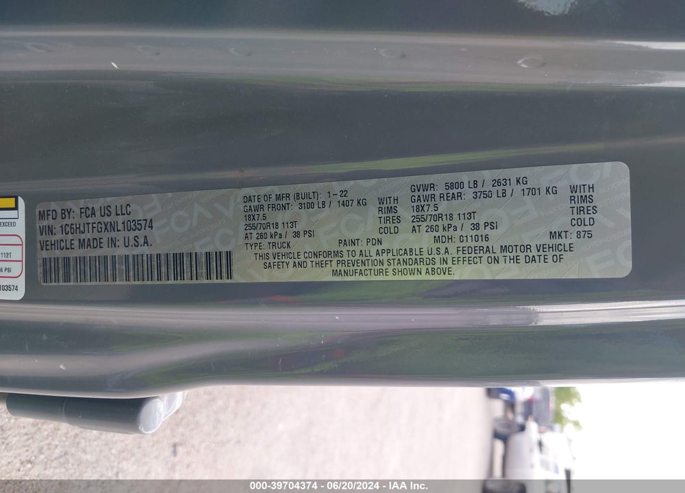 2022 JEEP GLADIATOR OVERLAND 4X4 VIN: 1C6HJTFGXNL103574