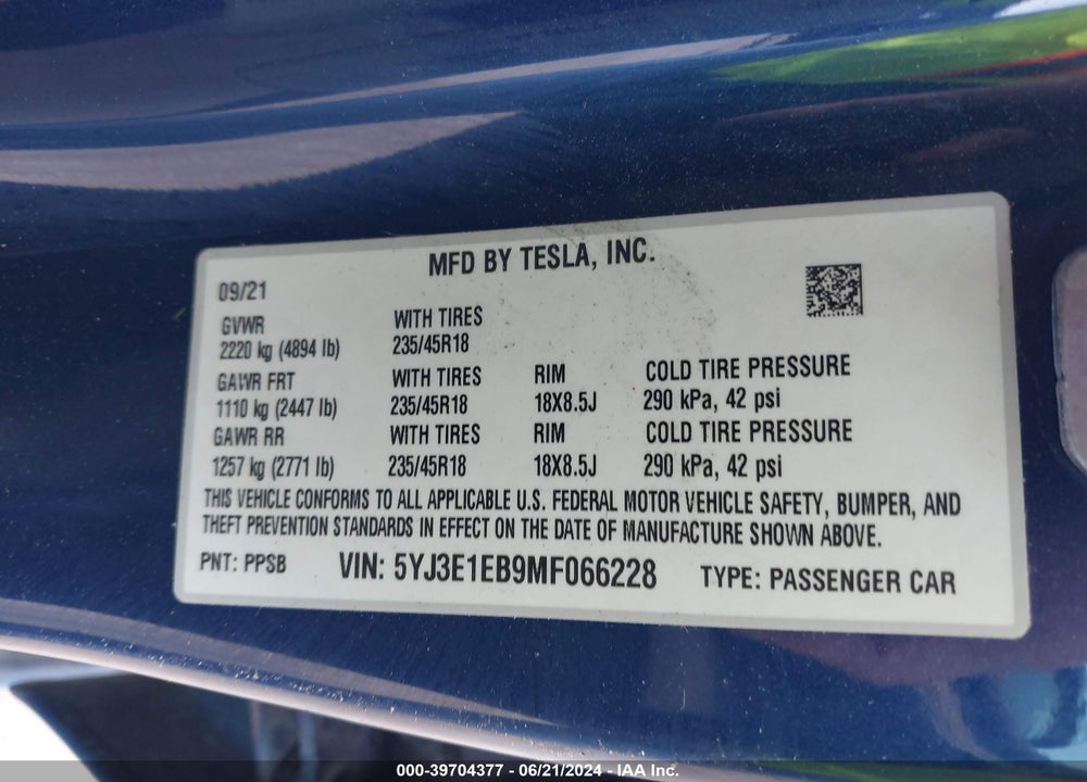 2021 TESLA MODEL 3 LONG RANGE DUAL MOTOR ALL-WHEEL DRIVE VIN: 5YJ3E1EB9MF066228