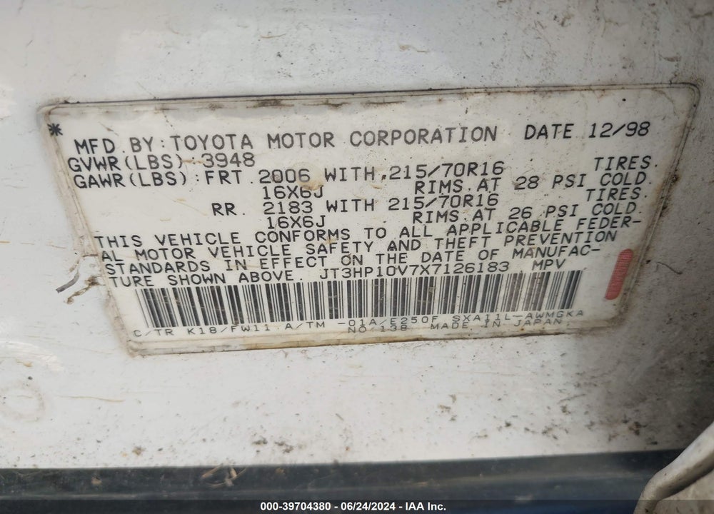 1999 TOYOTA RAV4 VIN: JT3HP10V7X7126183