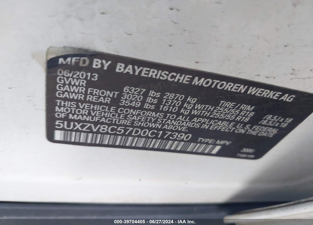 2013 BMW X5 XDRIVE50I VIN: 5UXZV8C57D0C17390