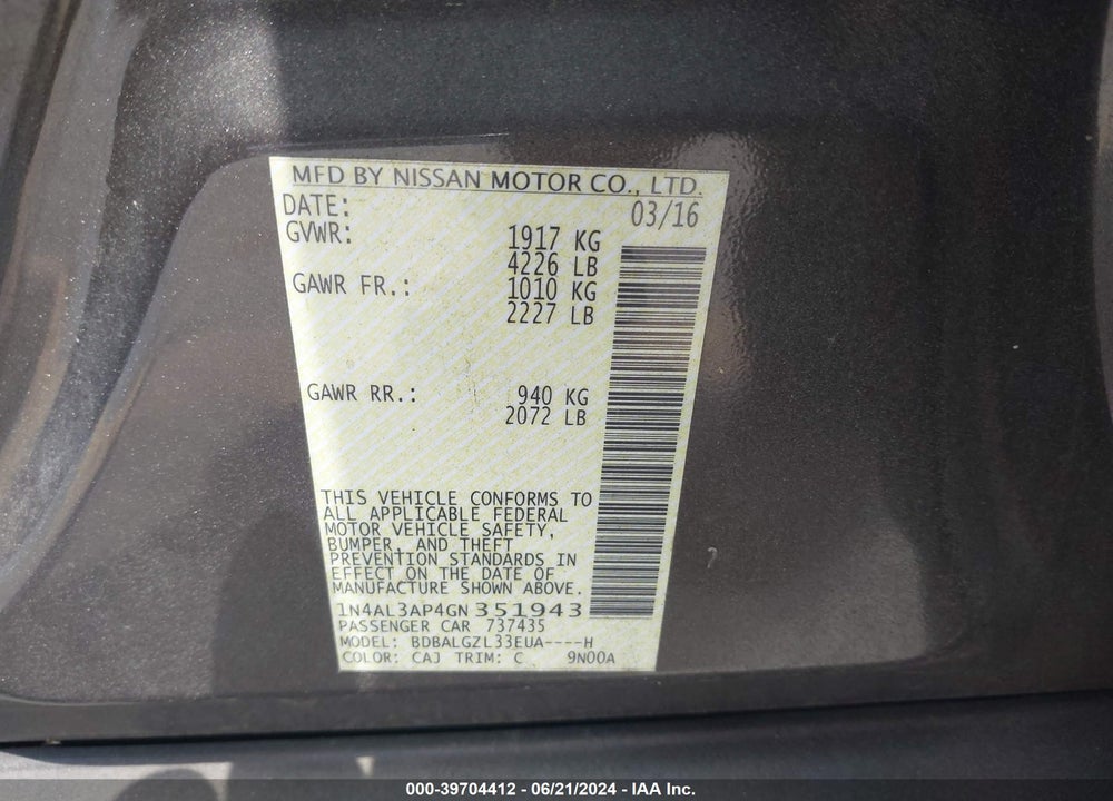 2016 NISSAN ALTIMA 2.5 S VIN: 1N4AL3AP4GN351943