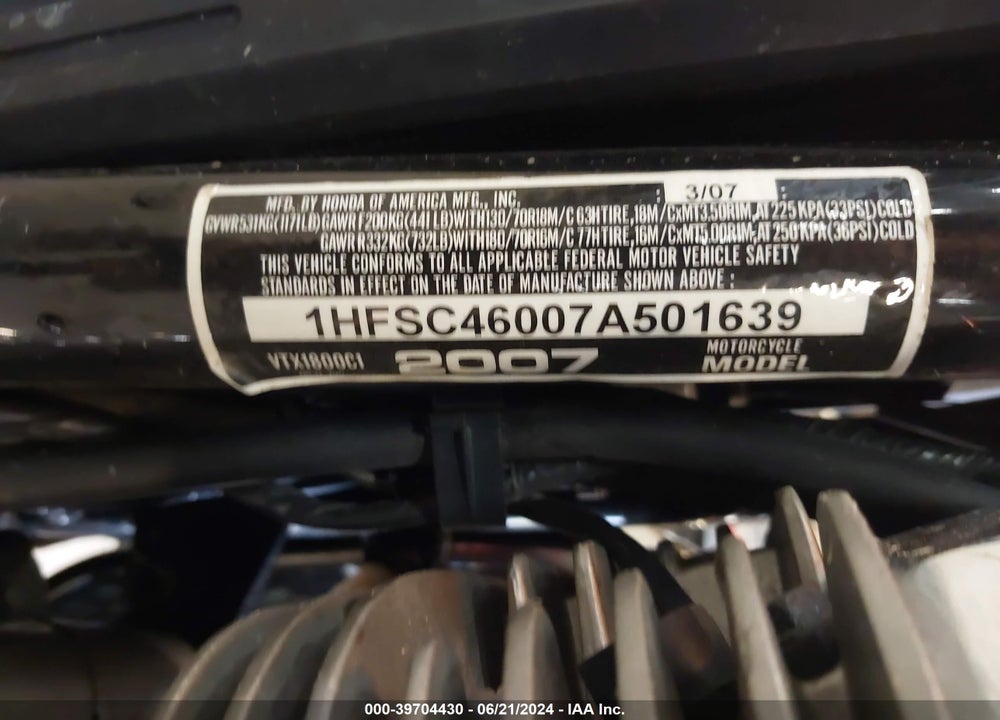 2007 HONDA VTX1800 C1 VIN: 1HFSC46007A501639