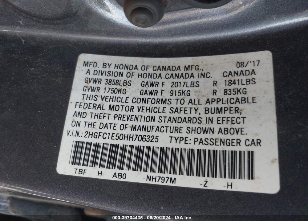 2017 HONDA CIVIC SI VIN: 2HGFC1E50HH706325