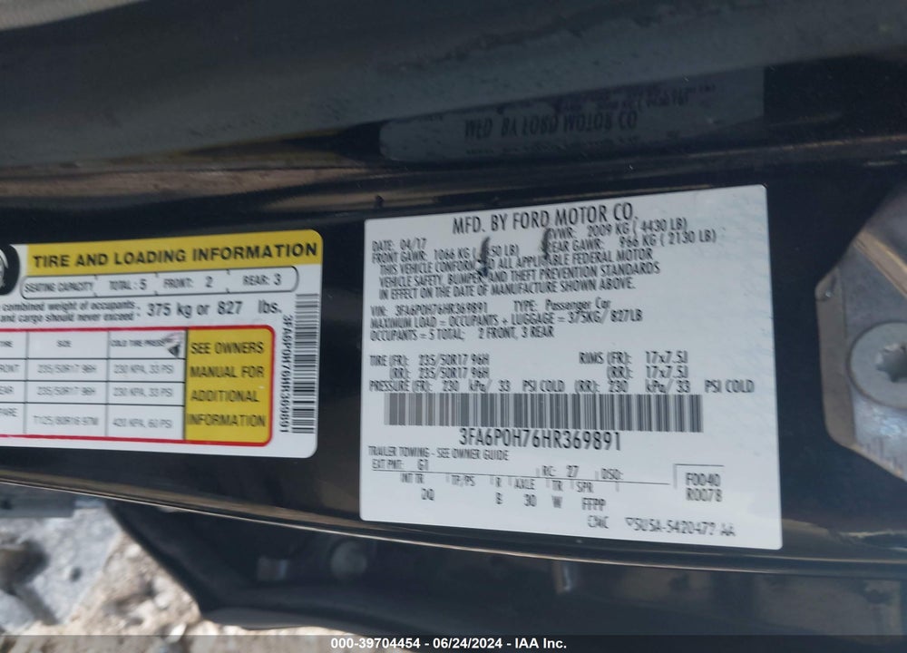 2017 FORD FUSION SE VIN: 3FA6P0H76HR369891
