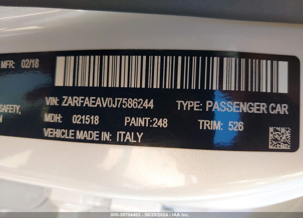 2018 ALFA ROMEO GIULIA QUADRIFOGLIO RWD VIN: ZARFAEAV0J7586244