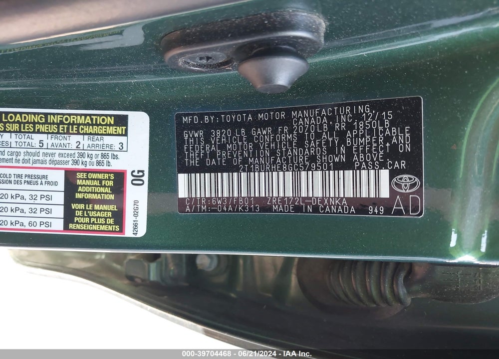 2016 TOYOTA COROLLA LE VIN: 2T1BURHE8GC579501