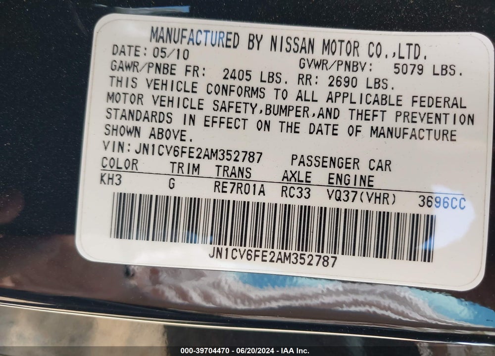 2010 INFINITI G37 VIN: JN1CV6FE2AM352787